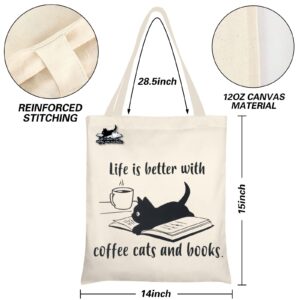 COZYMATE Gift for Women Cat Coffee Book Worm Canvas Tote Bag With Cute Brooch Pin Heavy Duty Cotton Shopping Bag for Weekend Overnight School Book (coffee book cat)