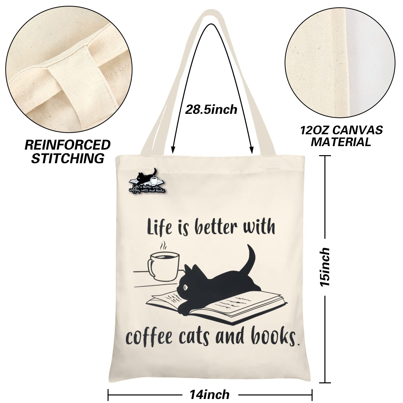 COZYMATE Gift for Women Cat Coffee Book Worm Canvas Tote Bag With Cute Brooch Pin Heavy Duty Cotton Shopping Bag for Weekend Overnight School Book (coffee book cat)