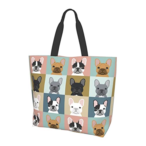 Drieyuil Cute Puppy Pet Dog Pattern Large Tote Bag for Women Reusable Beach Bags Canvas Shoulder Bag Handbag Waterproof for Travel Grocery Shopping (French Bulldog)