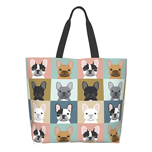 Drieyuil Cute Puppy Pet Dog Pattern Large Tote Bag for Women Reusable Beach Bags Canvas Shoulder Bag Handbag Waterproof for Travel Grocery Shopping (French Bulldog)