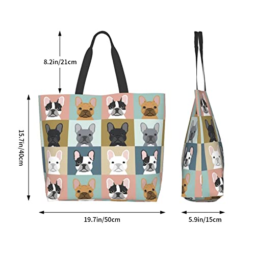 Drieyuil Cute Puppy Pet Dog Pattern Large Tote Bag for Women Reusable Beach Bags Canvas Shoulder Bag Handbag Waterproof for Travel Grocery Shopping (French Bulldog)