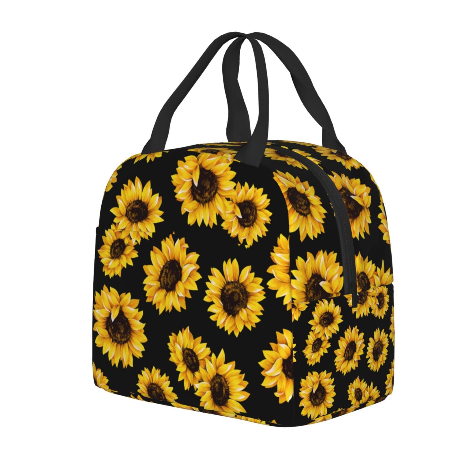 PrelerDIY Black Sunflower Lunch Box Insulated Meal Bag Lunch Bag Reusable Snack Bag Food Container For Boys Girls Men Women School Work Travel Picnic