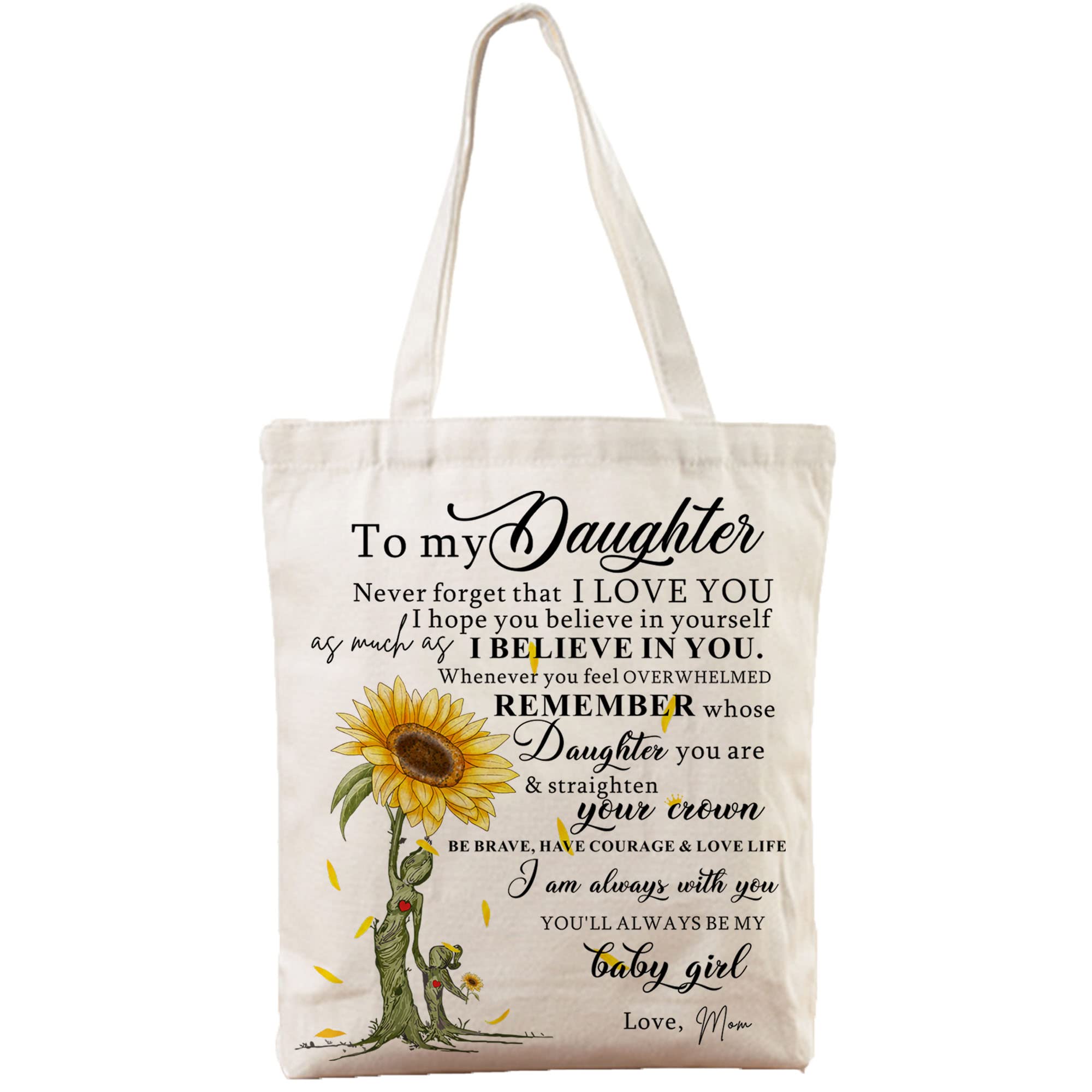 CHONG SHENG Gift for Daughter from Mom Daughter Birthday Inspirational Gifts for Daughter Graduation Christmas, Canvas Tote Bag with Pocket, Reusable Shopping Grocery Bag for Shopping Travel