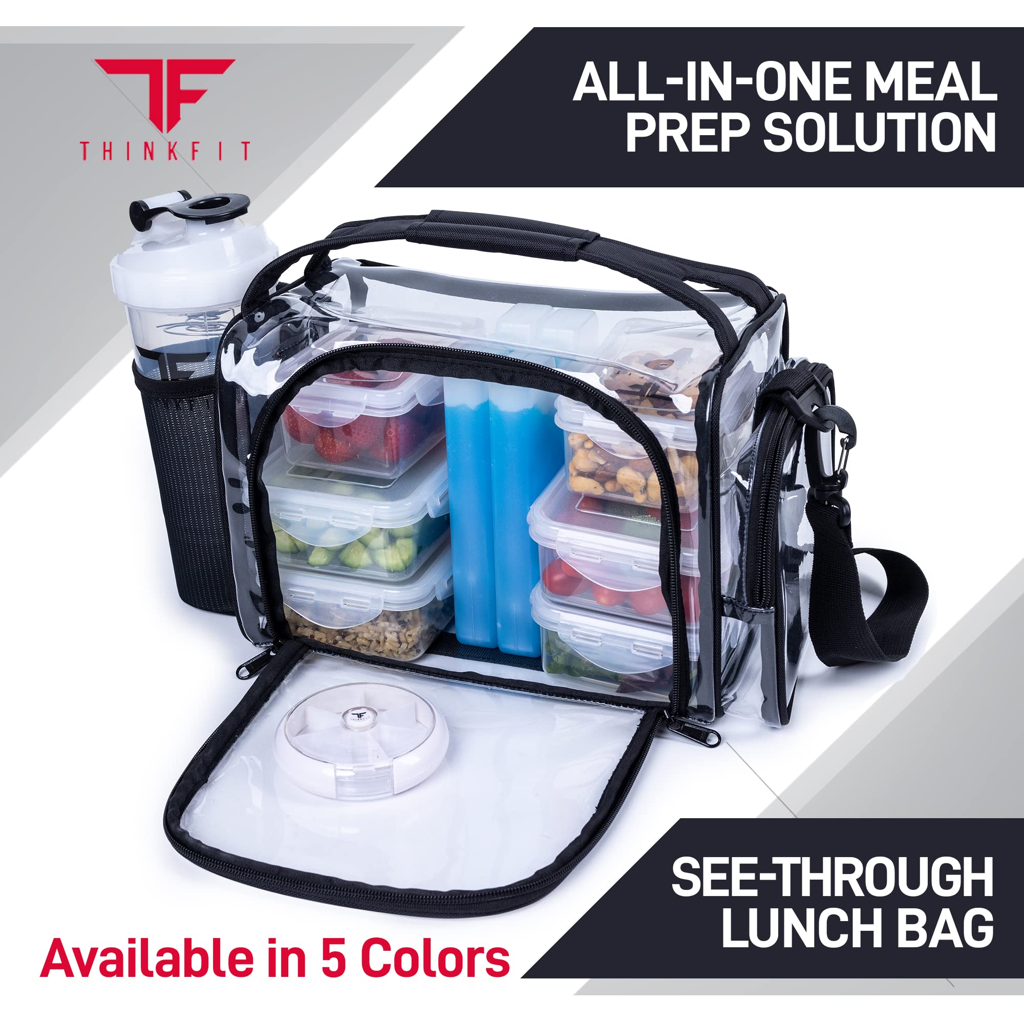 ThinkFit Clear Lunch Bag with 6 Meal Prep Containers - BPA-Free, Reusable, Microwave + Freezer Safe - With Shaker Cup and more! Clear Lunch Box - Clear Lunch Bags for Work - Transparent Lunch Bag