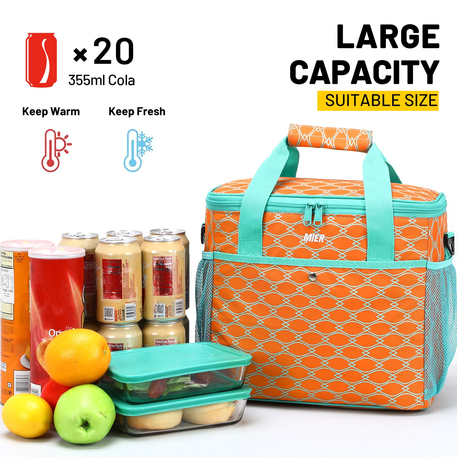 MIER 18L Large Soft Cooler Insulated Picnic Bag for Grocery, Camping, Car, Bright Orange Color