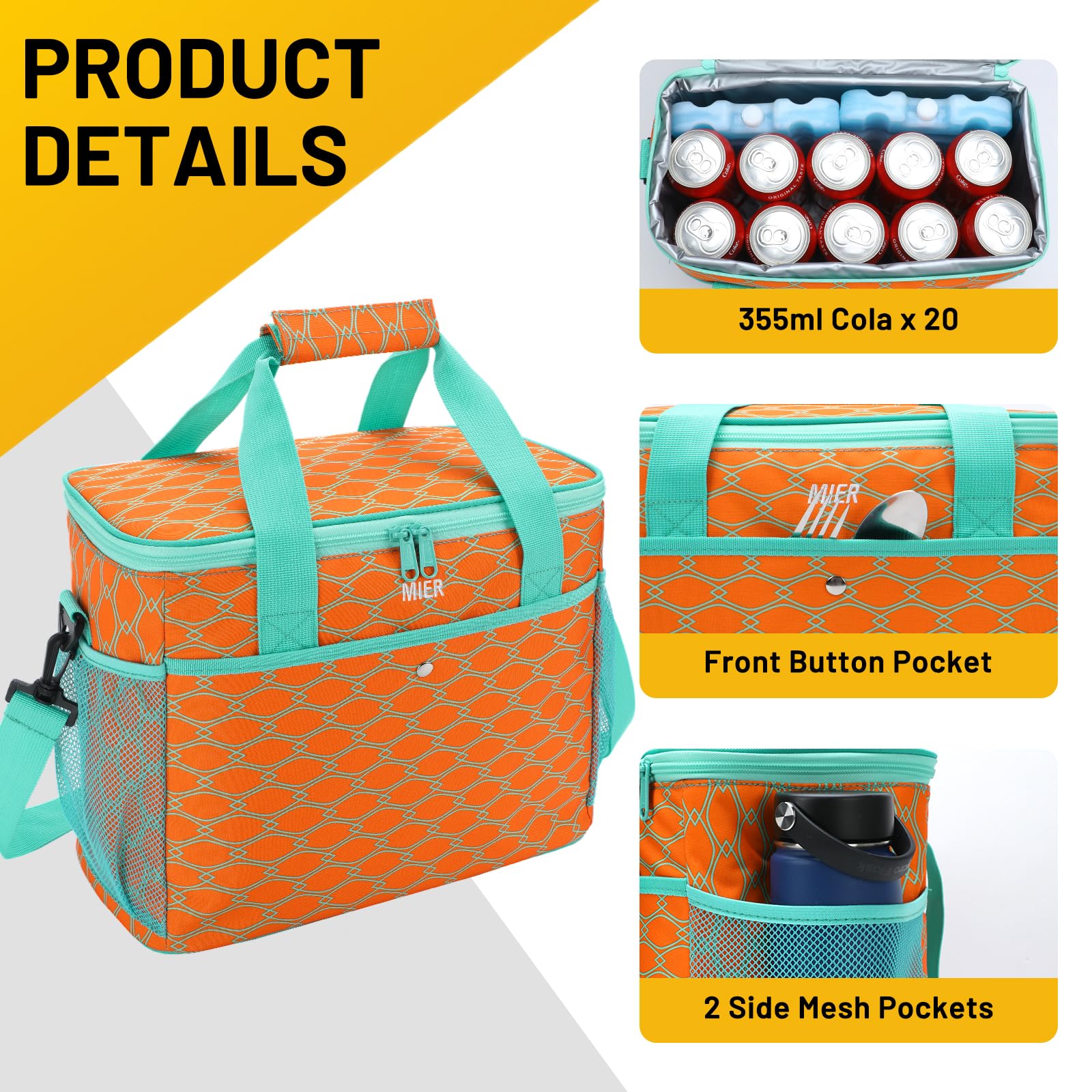 MIER 18L Large Soft Cooler Insulated Picnic Bag for Grocery, Camping, Car, Bright Orange Color