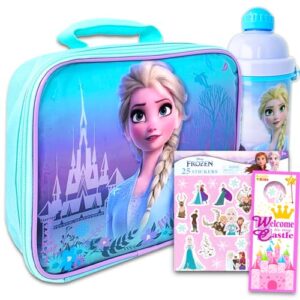 disney frozen lunch box and water bottle set for kids - bundle with elsa and anna school supplies set plus stickers and more lunch bag for girls