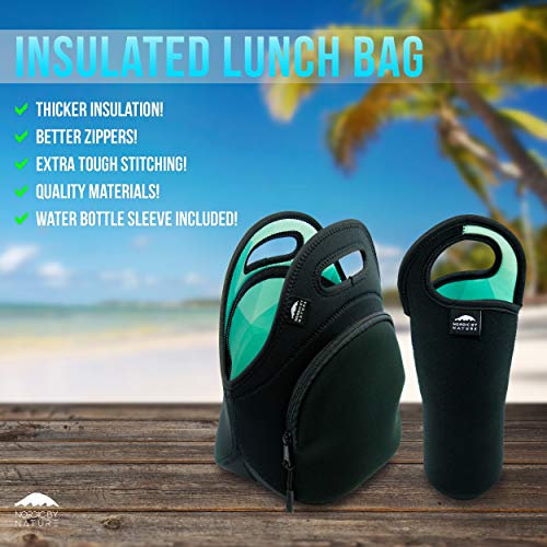 Nordic By Nature Neoprene Lunch Bag For Women, Men & Kids Extra Thick Insulated Neoprene Lunch Tote With Water Bottle Sleeve Durable Reusable Machine Washable Extra Pocket YKK Zippers (Turquoise)