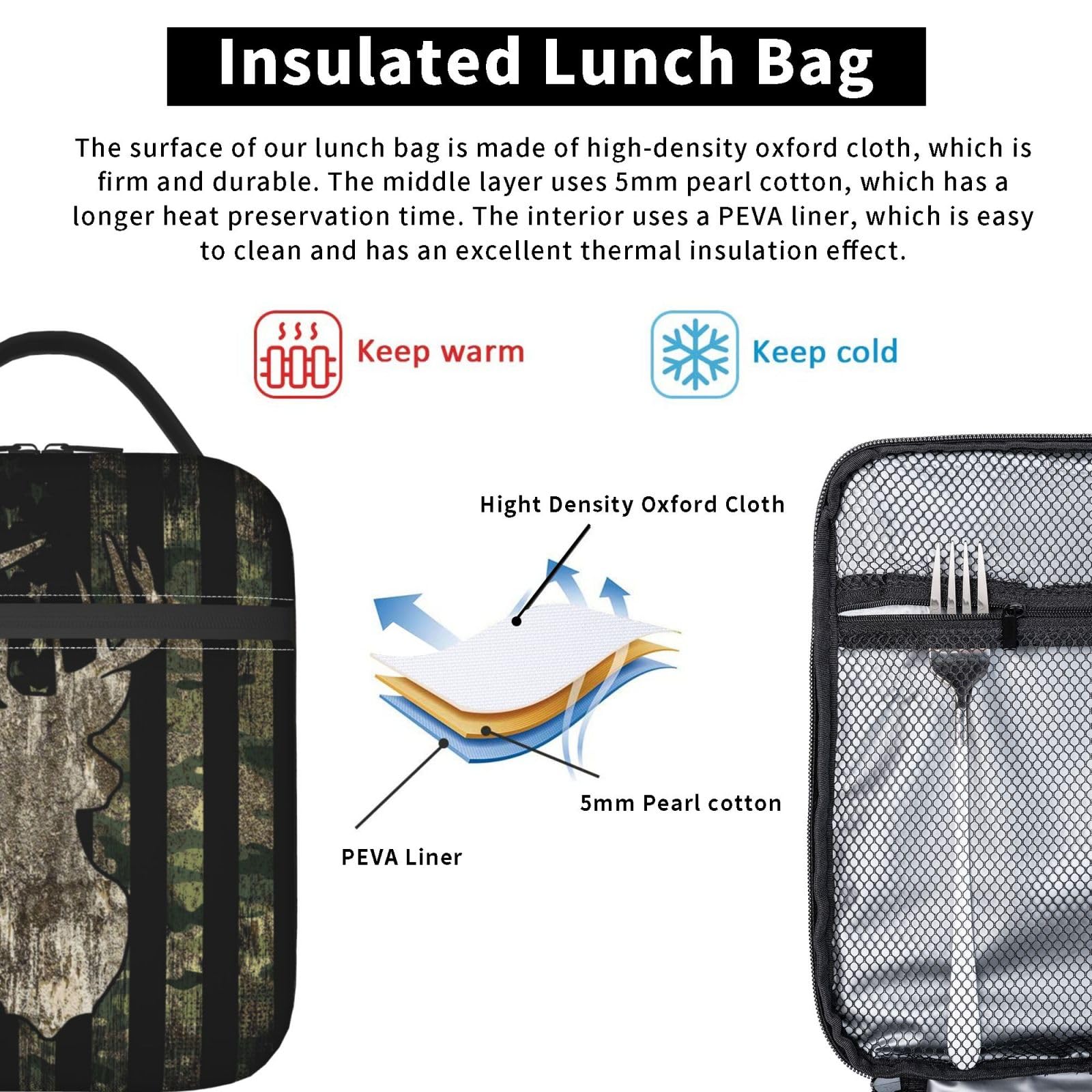 YETTA YANG Camouflage Hunting Tactical Deer Camo American Flag Portable Lunch Bag Insulated Lunch Box Reusable Totes For Women Men Work Picnic Camping