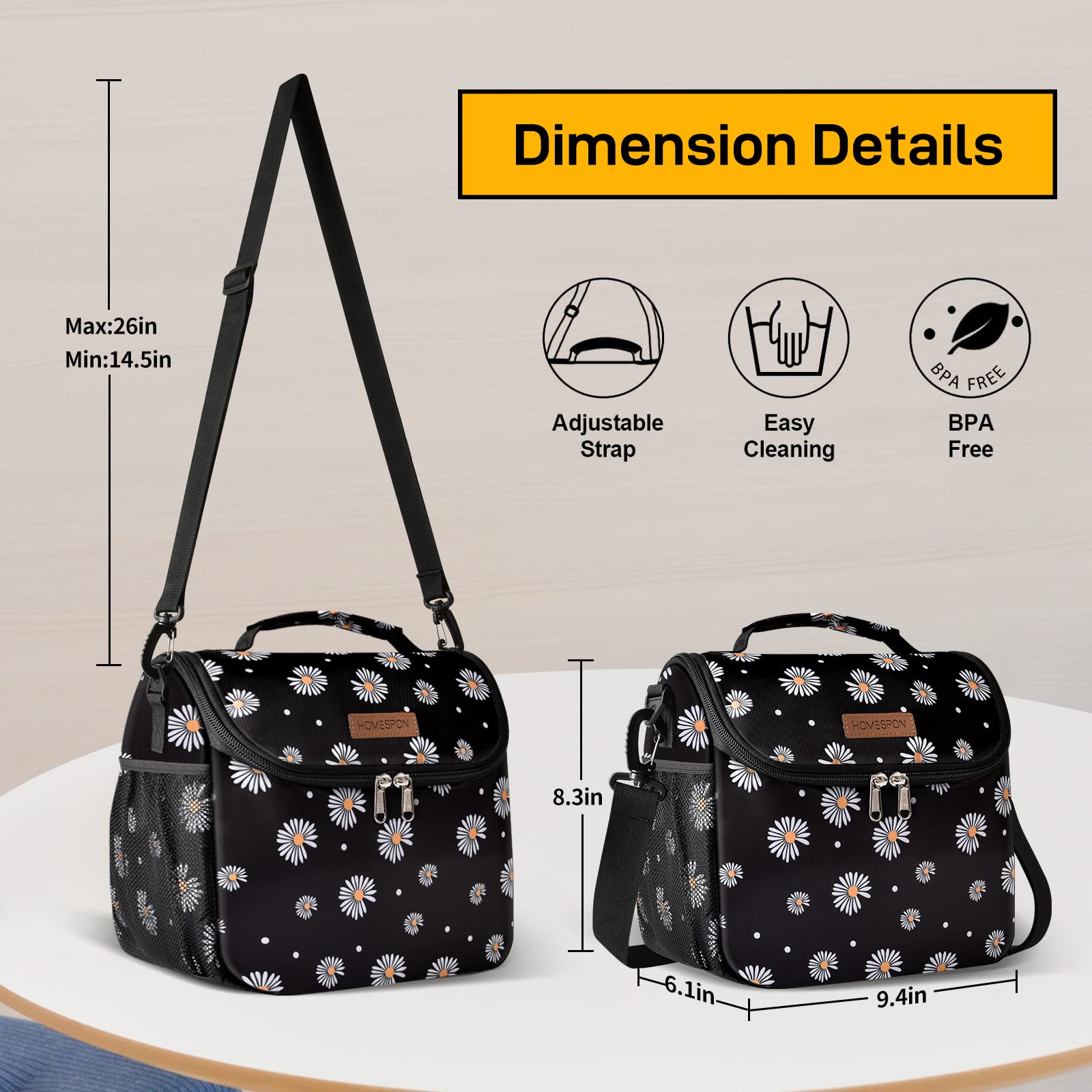 Buringer HOMESPON Insulated Lunch Bag for Women Reusable Lunch Box Cute Cooler Tote with Adjustable Shoulder Strap for Work Picnic or Travel