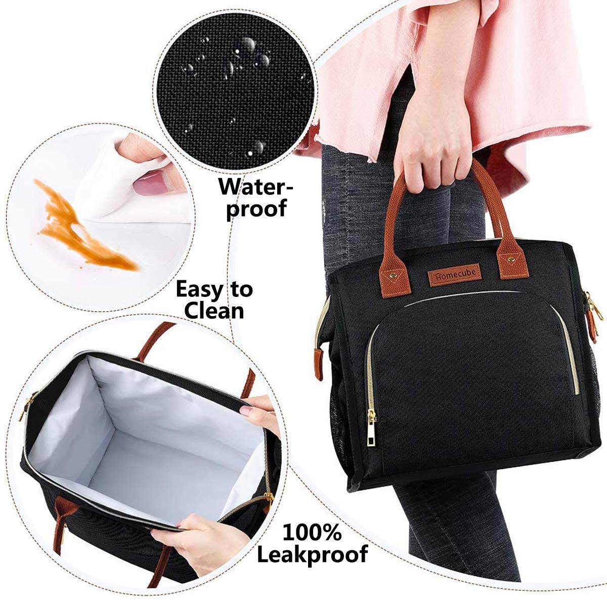 Homecube Lunch Bags Insulated Lunch Box Wide Open Lunch Tote Bag with Pockets Large Capacity Multi-Function for Women Men Black