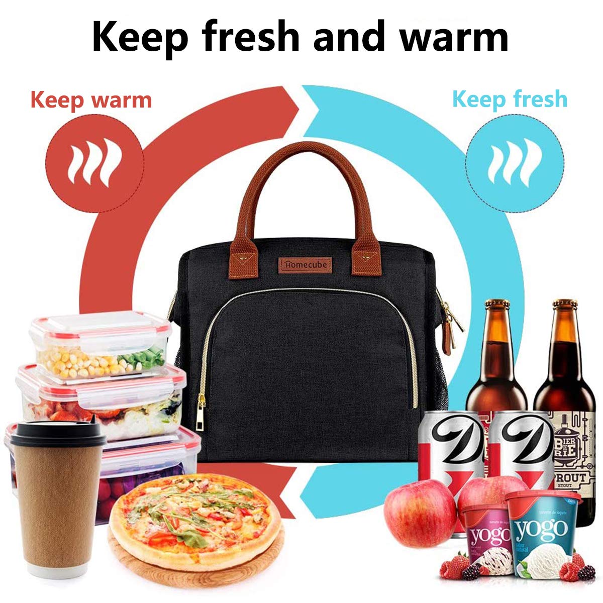 Homecube Lunch Bags Insulated Lunch Box Wide Open Lunch Tote Bag with Pockets Large Capacity Multi-Function for Women Men Black