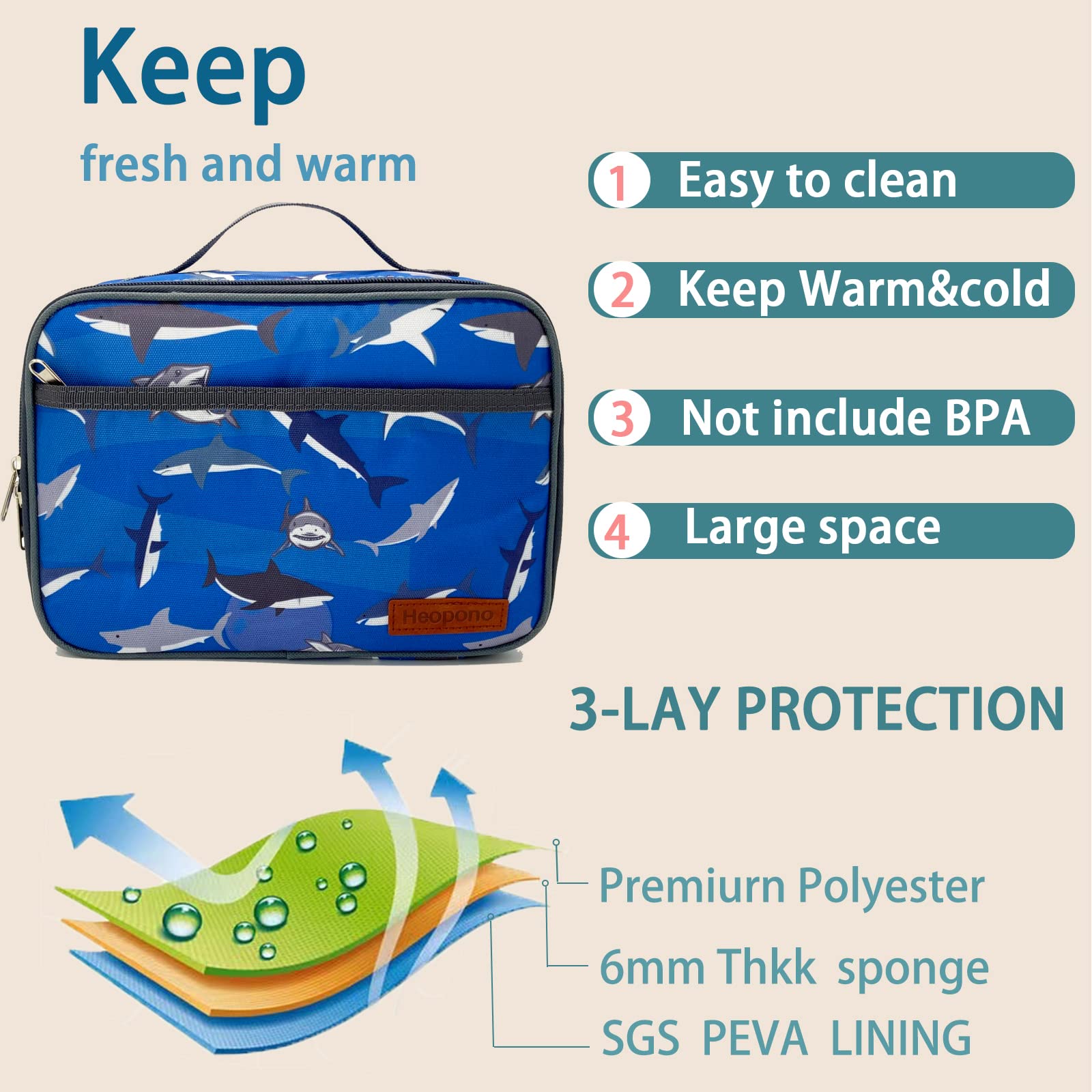Kulle shark lunch box for Kids boys Insulated Lunch bag for toddler,Washable and Reusable Lunch Boxes for School, Work, Picnic or Travel,Astronaut Camo Space Dinosaur (Shark)
