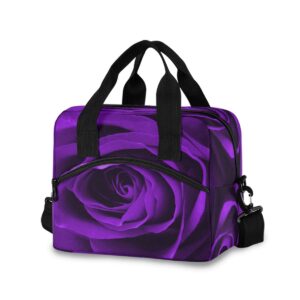 purple rose reusable insulated lunch bag lunch tote bag for women men, floral flower cooler bag lunch box container with adjustable shoulder strap for picnic school work office