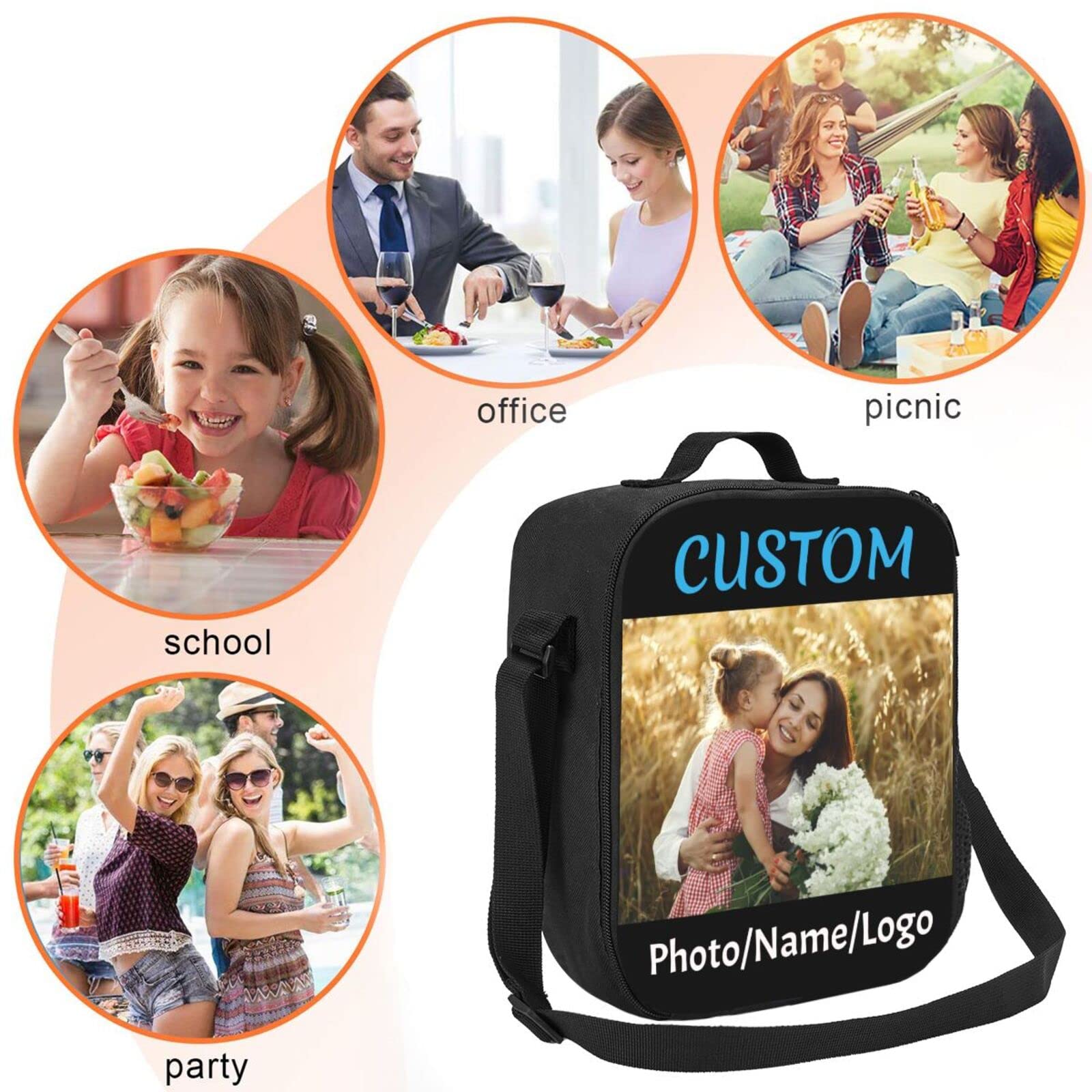 Customizable Upgrade Lunch Tote Box Personalized Your Name or Picture Insulated Cooler Lunch Bag custom Reusable Picnic Bag Tote with Adjustable Shoulder Strap and 3-Deck Protection