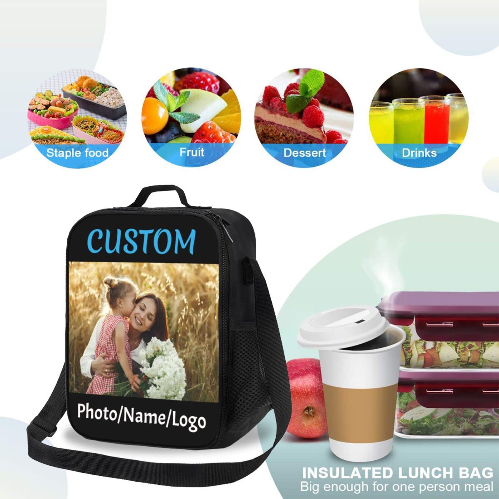 Customizable Upgrade Lunch Tote Box Personalized Your Name or Picture Insulated Cooler Lunch Bag custom Reusable Picnic Bag Tote with Adjustable Shoulder Strap and 3-Deck Protection