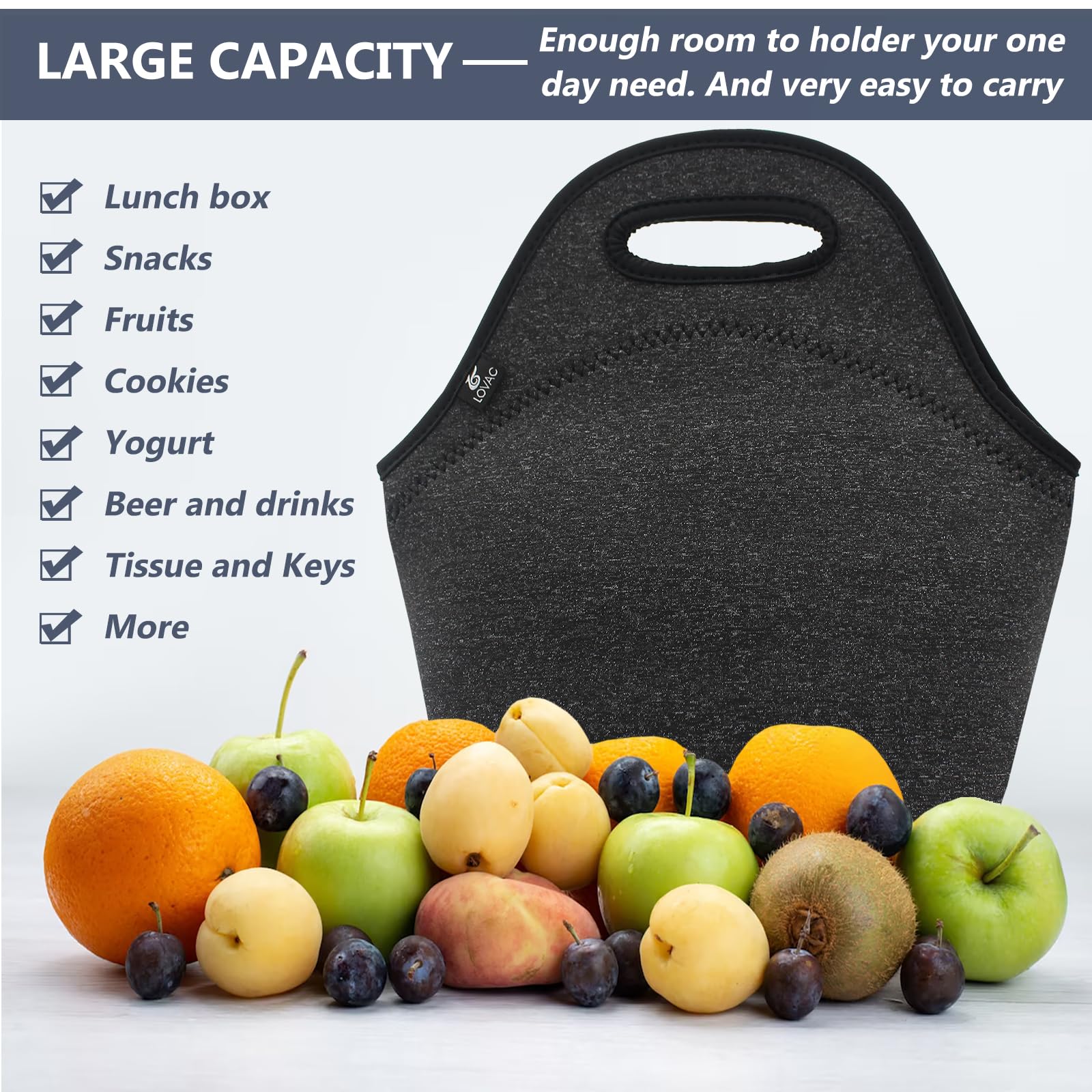 LOVAC Neoprene Lunch Bag for Men,Insulated Lunch Tote,Durable and Waterproof Lunch Bag,Reusable Soft and Lightweight (Black)