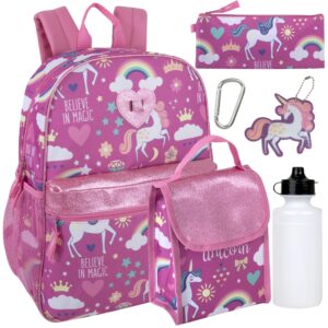 trail maker girls 6 in 1 backpack and lunch box set for school with pencil case, water bottle, fidget keychain attached for kids (magic & unicorns)