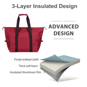 Insulated Grocery Thermal Tote Bags for Frozen Cold Hot Foods, Reusable Insulation Zippered Bag for Shopping, Travel, Picnic or Lunch, Red