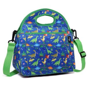 kasqo lunch bag for kids, neoprene insulated boys lunch boxes children’s lunch tote with front pocket and detachable adjustable shoulder strap in cute dinosaur