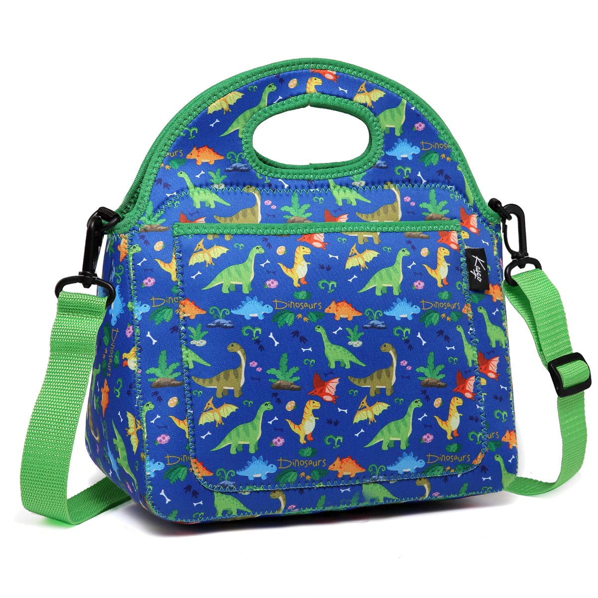 Kasqo Lunch Bag for Kids, Neoprene Insulated Boys Lunch Boxes Children’s Lunch Tote with Front Pocket and Detachable Adjustable Shoulder Strap in Cute Dinosaur