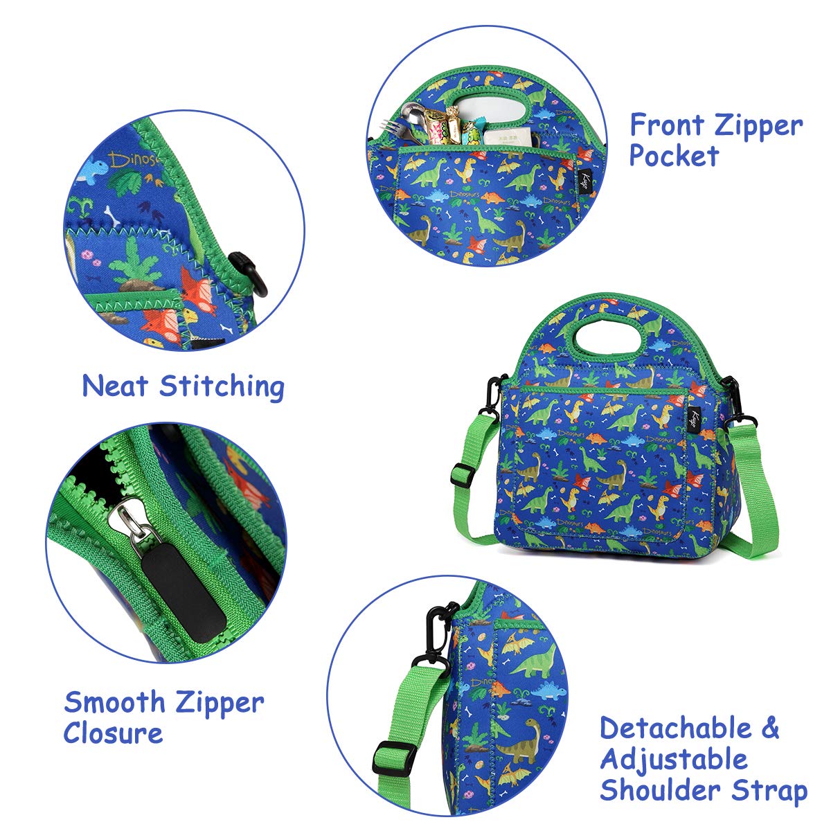 Kasqo Lunch Bag for Kids, Neoprene Insulated Boys Lunch Boxes Children’s Lunch Tote with Front Pocket and Detachable Adjustable Shoulder Strap in Cute Dinosaur