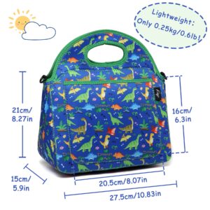 Kasqo Lunch Bag for Kids, Neoprene Insulated Boys Lunch Boxes Children’s Lunch Tote with Front Pocket and Detachable Adjustable Shoulder Strap in Cute Dinosaur