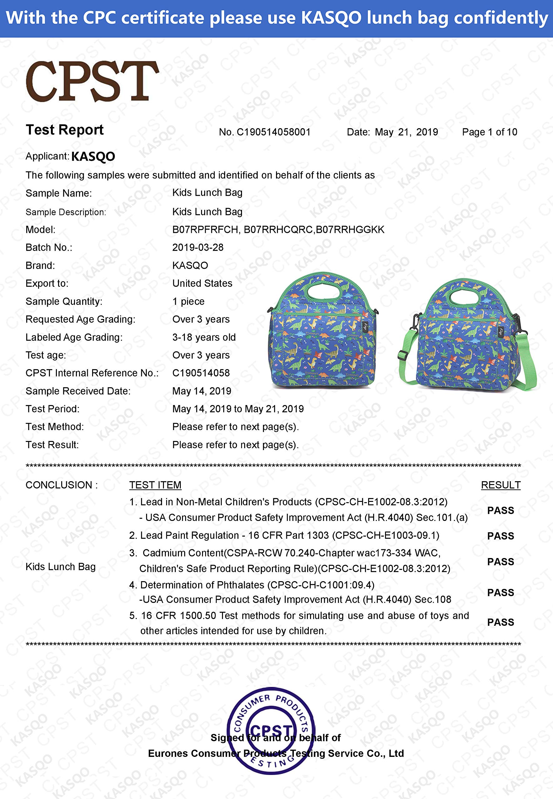 Kasqo Lunch Bag for Kids, Neoprene Insulated Boys Lunch Boxes Children’s Lunch Tote with Front Pocket and Detachable Adjustable Shoulder Strap in Cute Dinosaur