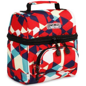 j world corey kids lunch bag. insulated lunch-box for boys girls, red cubes
