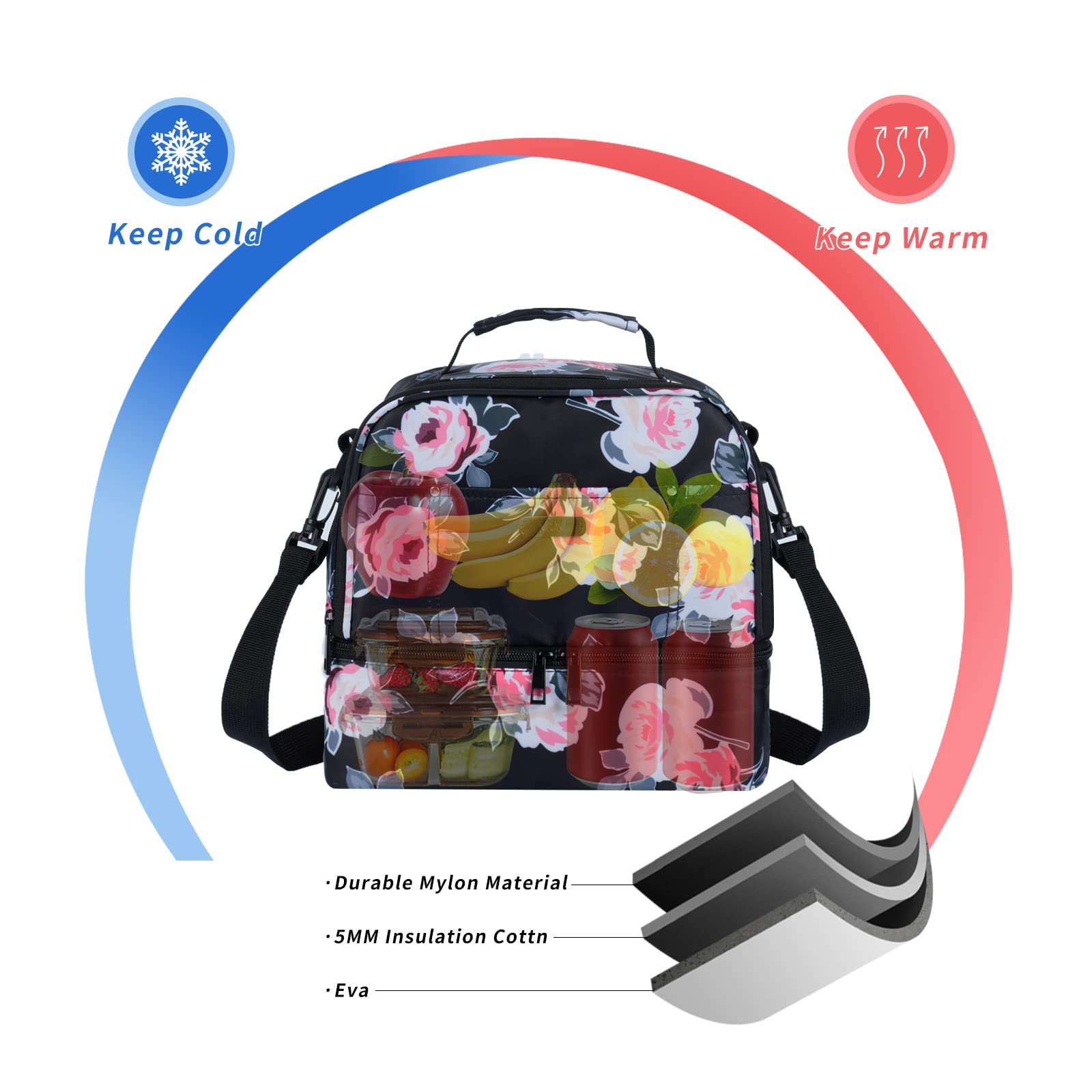 MOV COMPRA Lunch Bag for Women Double Deck Insulated Lunch Cooler Bag for Adults Work Picnic (Flower)