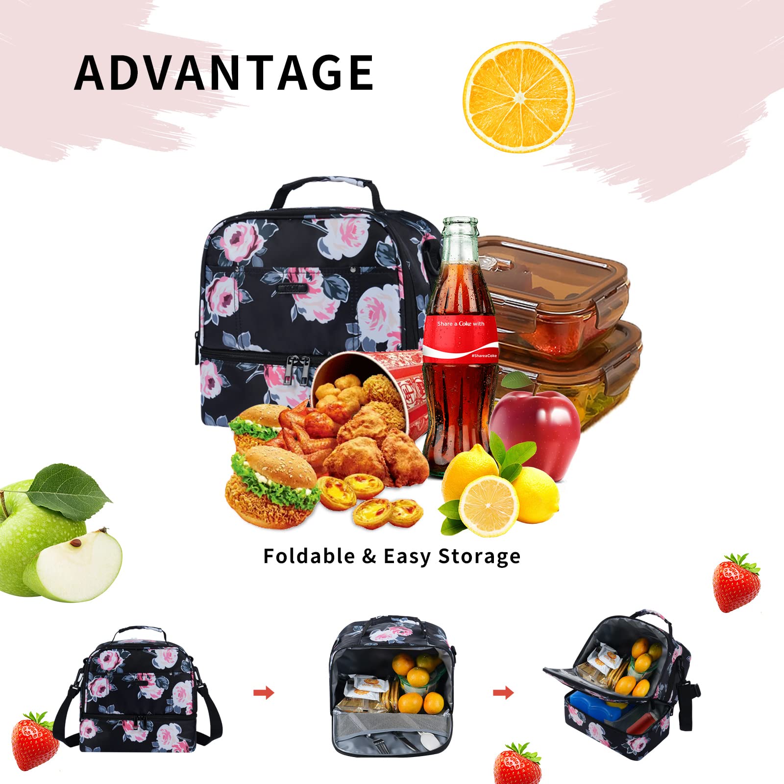 MOV COMPRA Lunch Bag for Women Double Deck Insulated Lunch Cooler Bag for Adults Work Picnic (Flower)