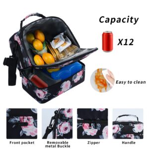 MOV COMPRA Lunch Bag for Women Double Deck Insulated Lunch Cooler Bag for Adults Work Picnic (Flower)