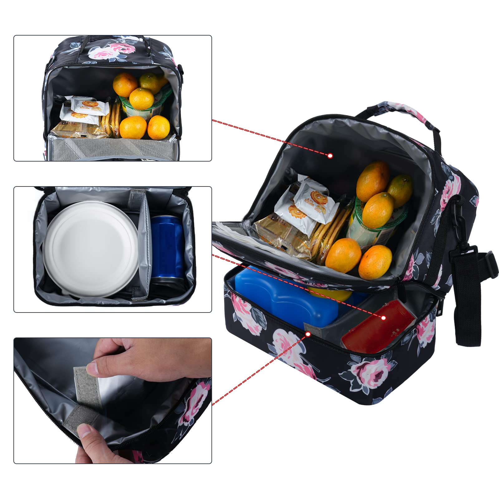 MOV COMPRA Lunch Bag for Women Double Deck Insulated Lunch Cooler Bag for Adults Work Picnic (Flower)