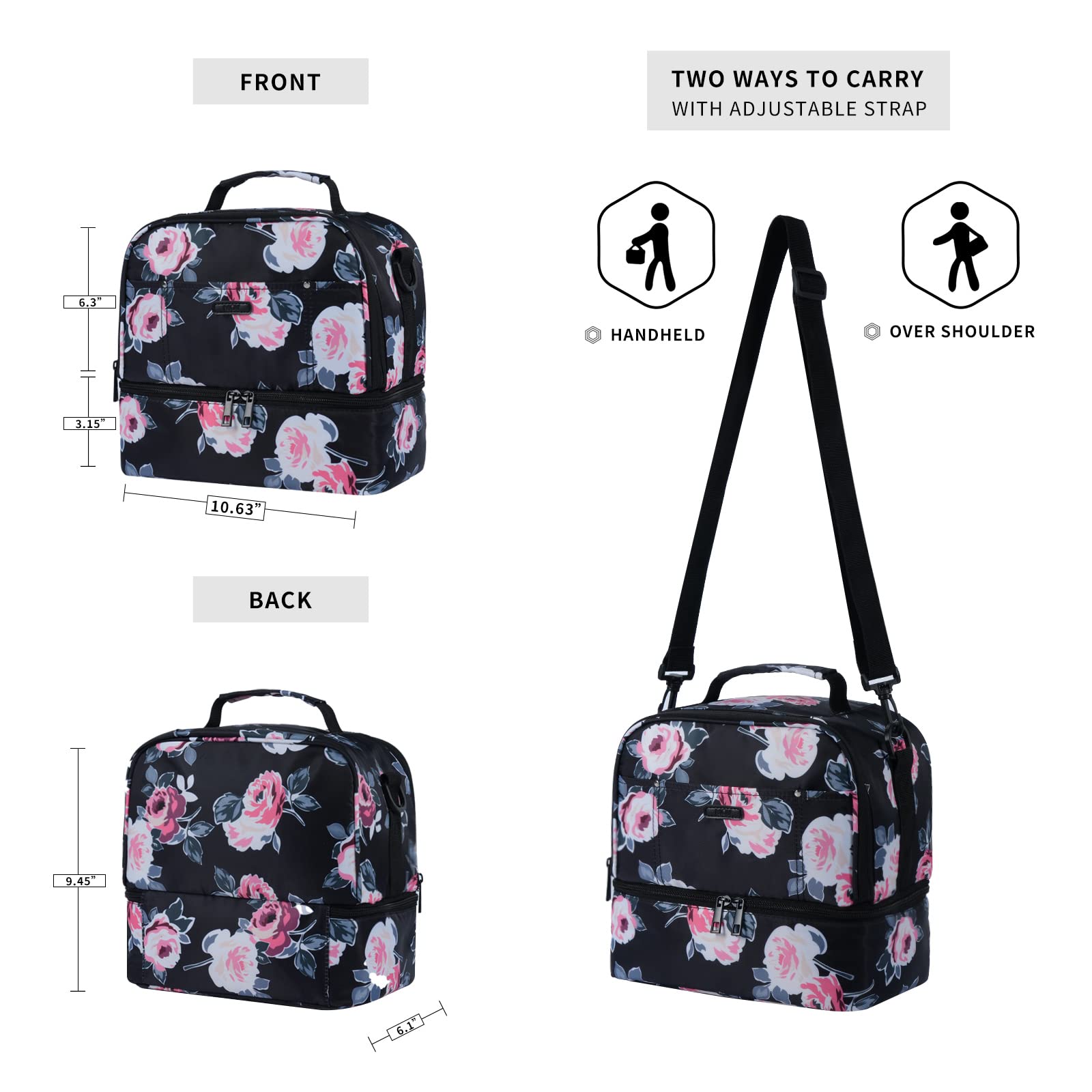 MOV COMPRA Lunch Bag for Women Double Deck Insulated Lunch Cooler Bag for Adults Work Picnic (Flower)