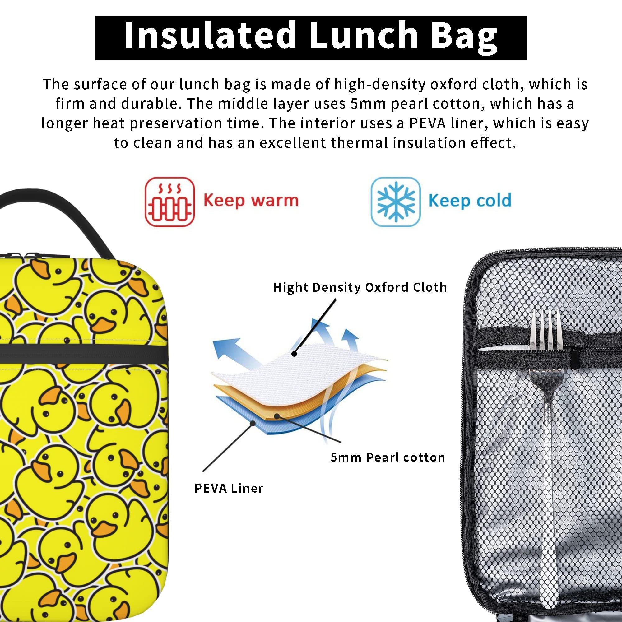 qaxcdmky Little Yellow Duck Insulated Lunch Bag, Oxford Cloth, Keeps Food Hot/Cold