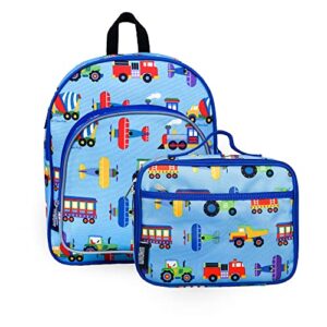 wildkin 12 inch backpack bundle with insulated lunch box bag (trains, planes & trucks)