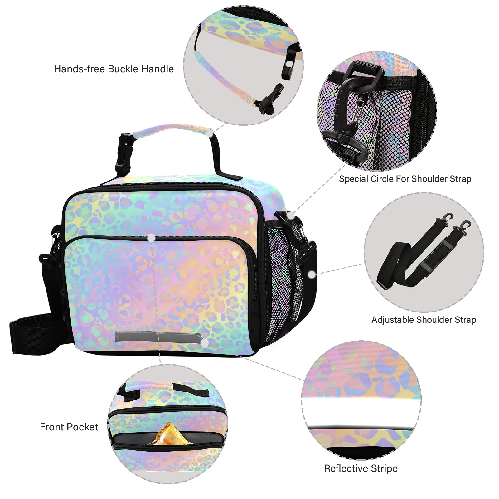 Lunch Bags Boxes Insulated Small Girls Boys Cooler Kids Thermal Rainbow Leopard Rose Gold Cheetah for School Student with Shoulder Strap Water-Resistant