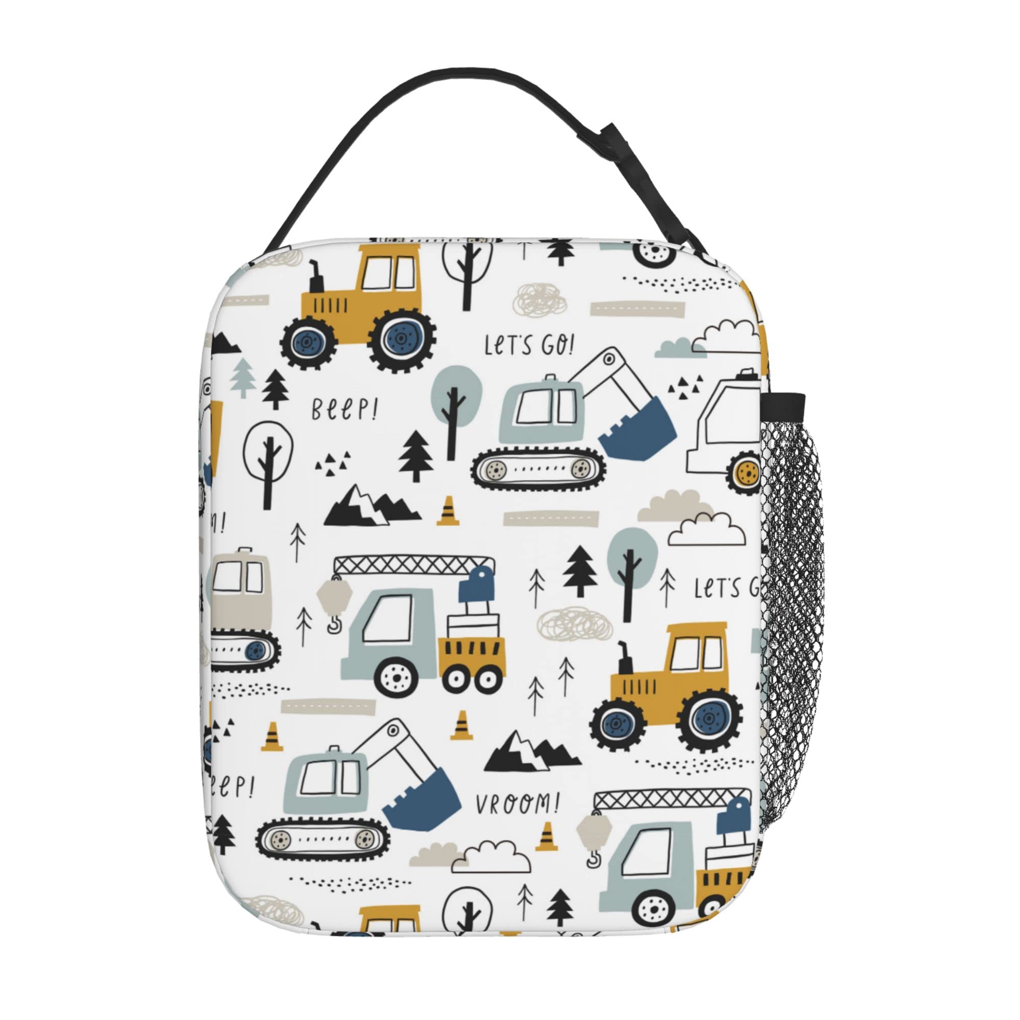 PAYOHTO Toddler Boys Lunch Bag Construction Truck Tractor White Insulated Lunch Box for School Kids Age 3-8 Leak Proof Reusable Meal Tote Bag for Kindergarten Preschool