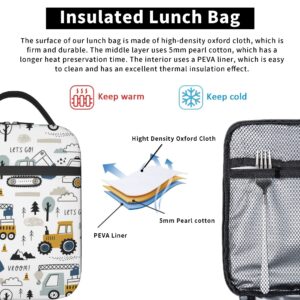 PAYOHTO Toddler Boys Lunch Bag Construction Truck Tractor White Insulated Lunch Box for School Kids Age 3-8 Leak Proof Reusable Meal Tote Bag for Kindergarten Preschool