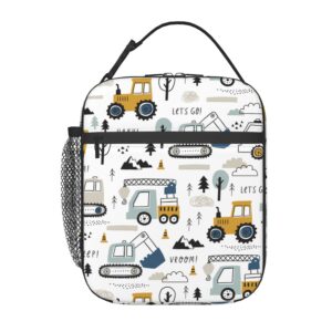 PAYOHTO Toddler Boys Lunch Bag Construction Truck Tractor White Insulated Lunch Box for School Kids Age 3-8 Leak Proof Reusable Meal Tote Bag for Kindergarten Preschool