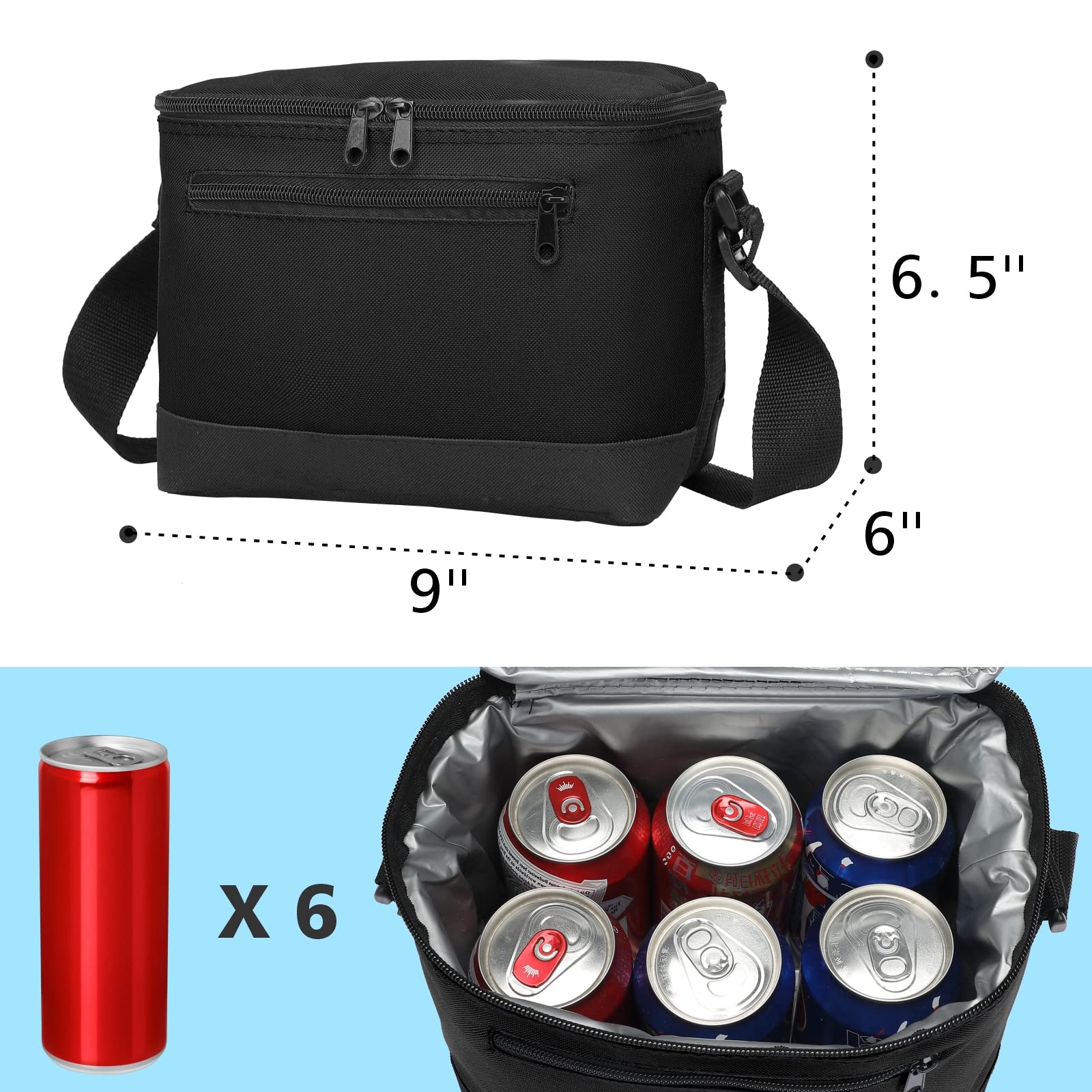 MISSMOON lunch Cooler Bag, Small 6 Can Insulated Cooler Box Tote Container Lunch Bag Pack Adjustable Strap For Adult Women Men Black