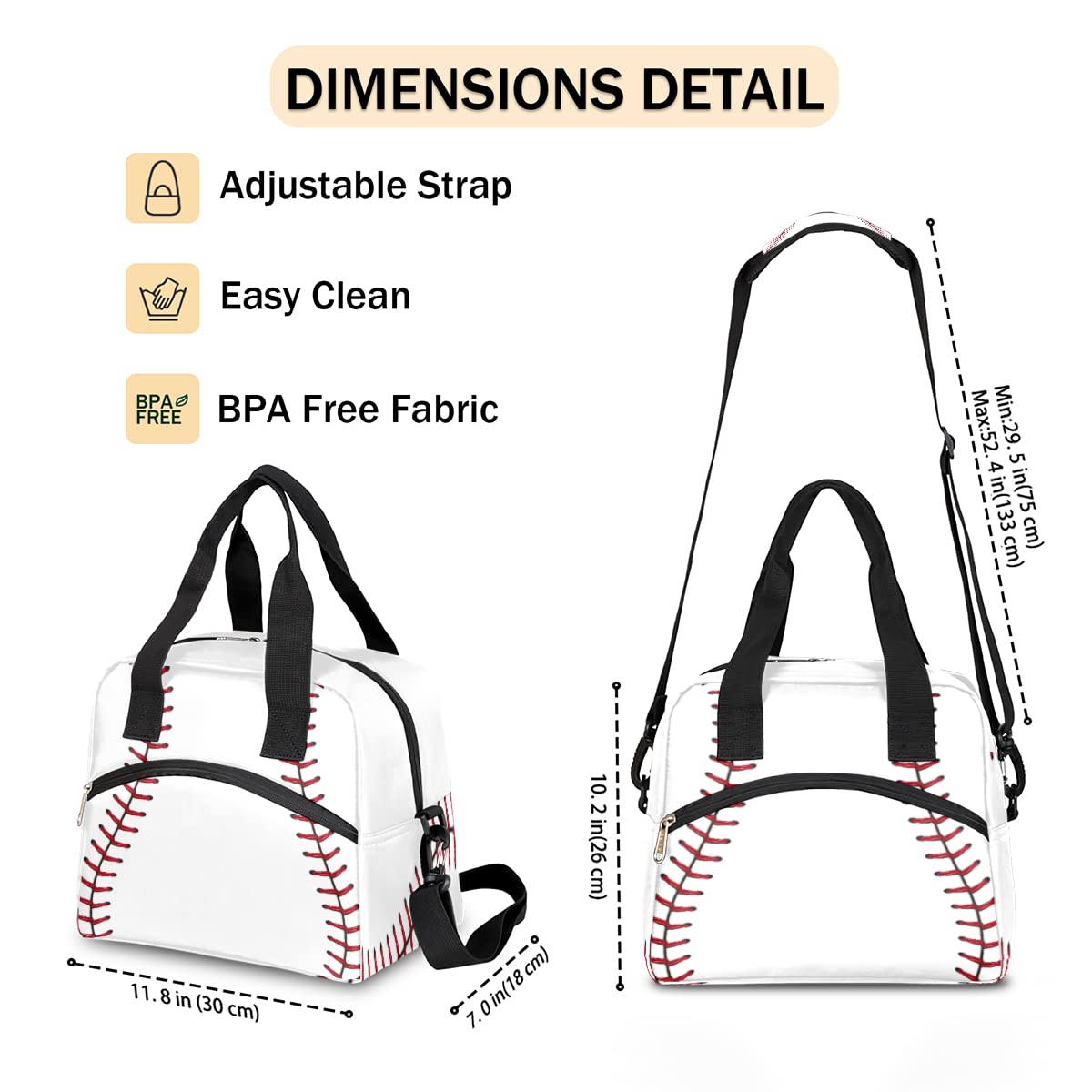 Baseball Lunch Bag for Women Men Insulated Reusable Lunch Box with Adjustable Shoulder Strap Cooler Tote Bag for School Work Picnic Beach Hiking