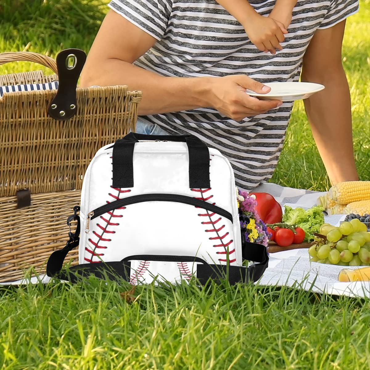 Baseball Lunch Bag for Women Men Insulated Reusable Lunch Box with Adjustable Shoulder Strap Cooler Tote Bag for School Work Picnic Beach Hiking