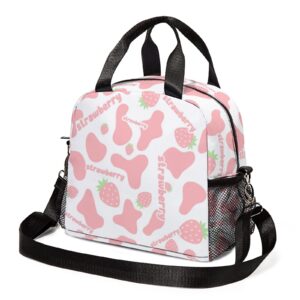 fashion insulation strawberry lunch bag with shoulder strap durable pink cow print lunch box waterproof lunch tote bag with pockets for girl women