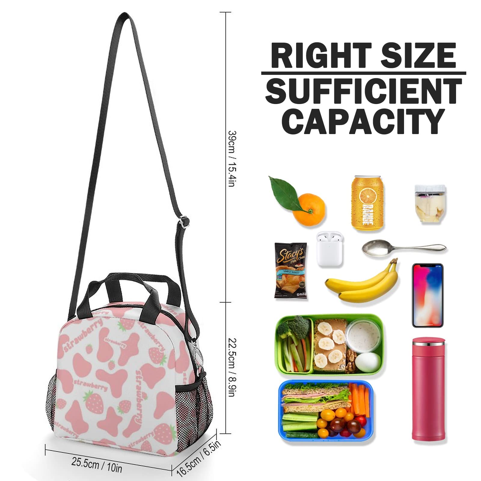 Fashion Insulation Strawberry Lunch Bag with Shoulder Strap Durable Pink Cow Print Lunch Box Waterproof Lunch Tote Bag with Pockets for Girl Women