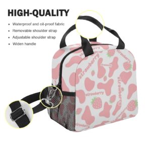 Fashion Insulation Strawberry Lunch Bag with Shoulder Strap Durable Pink Cow Print Lunch Box Waterproof Lunch Tote Bag with Pockets for Girl Women