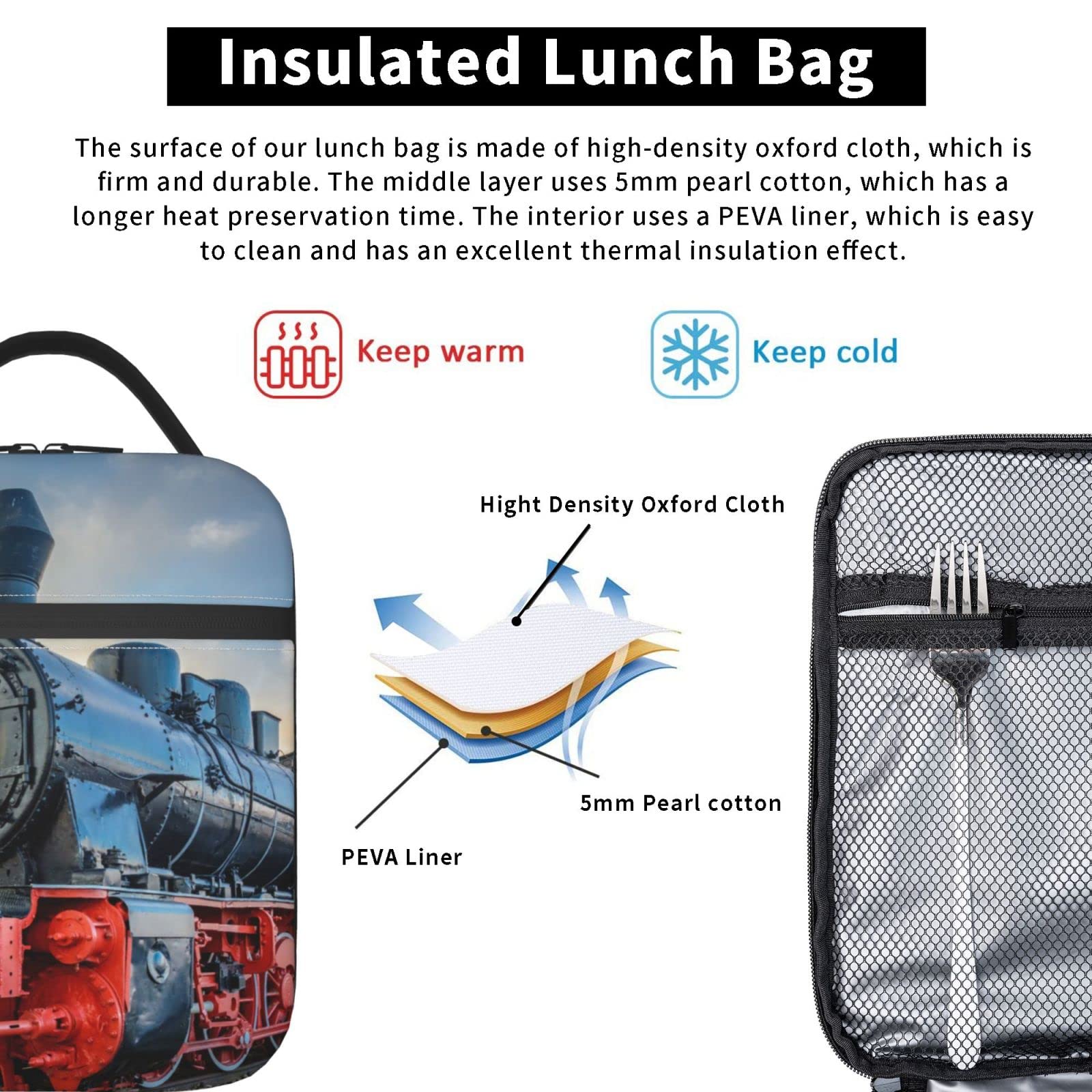 Chayber Steam Train Old Engine Train Lunch box Kids Boys Girls Insulated Lunch Bag For Women Men Thermal Lunch Bags Bento Box Adult Lunch Box For Work,Picnic