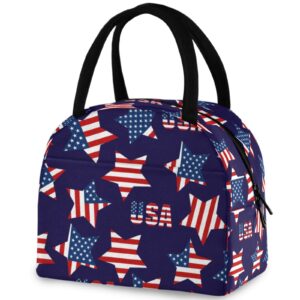 ZzWwR Usa Patriotic American Flag Stars Reusable Lunch Tote Bag with Front Pocket Insulated Thermal Cooler Container Bag for Back to School Work Travel Fishing Picnic Beach