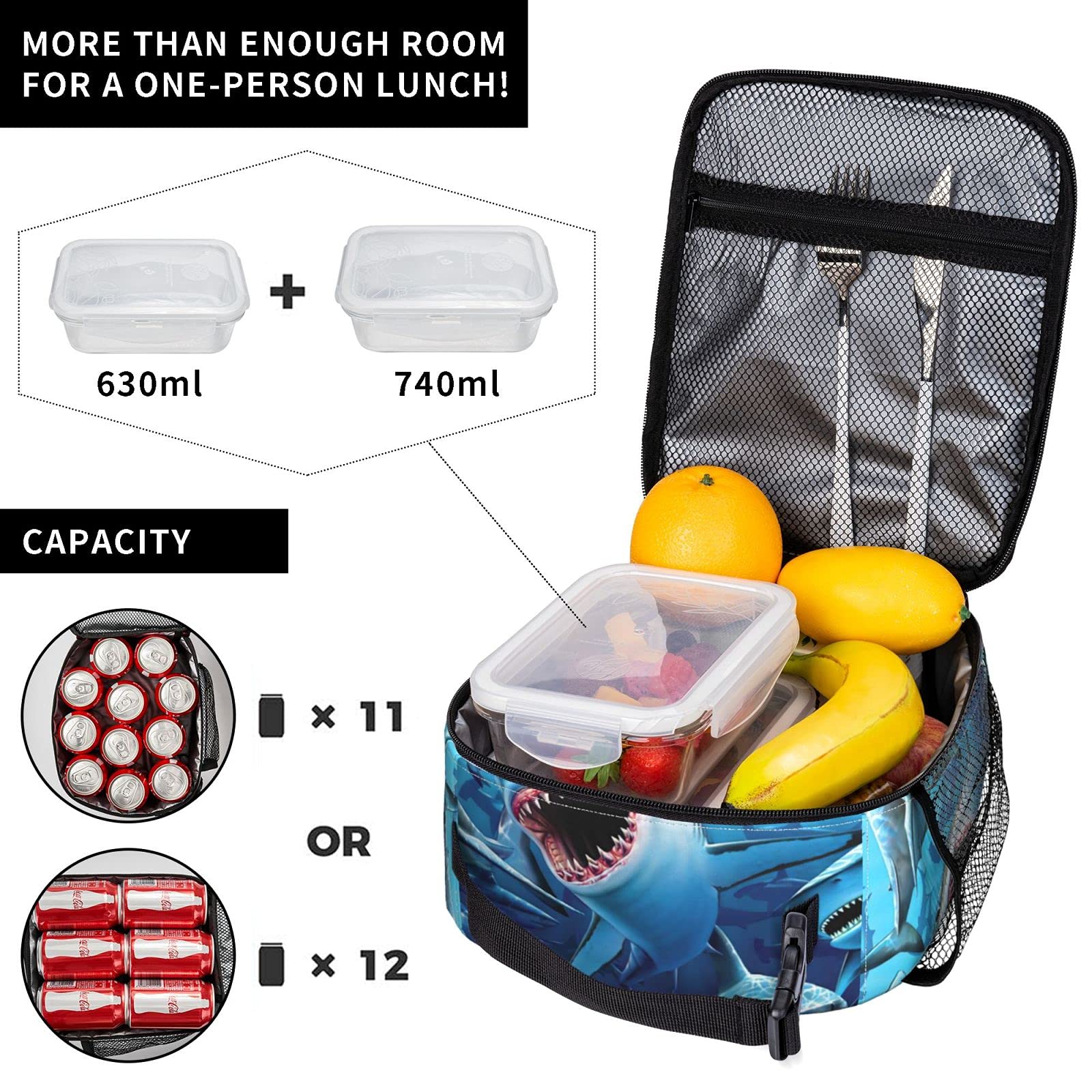 JASMODER Hungry Sharks Insulated Lunch Box Bag Portable Lunch Tote For Women Men And Kids