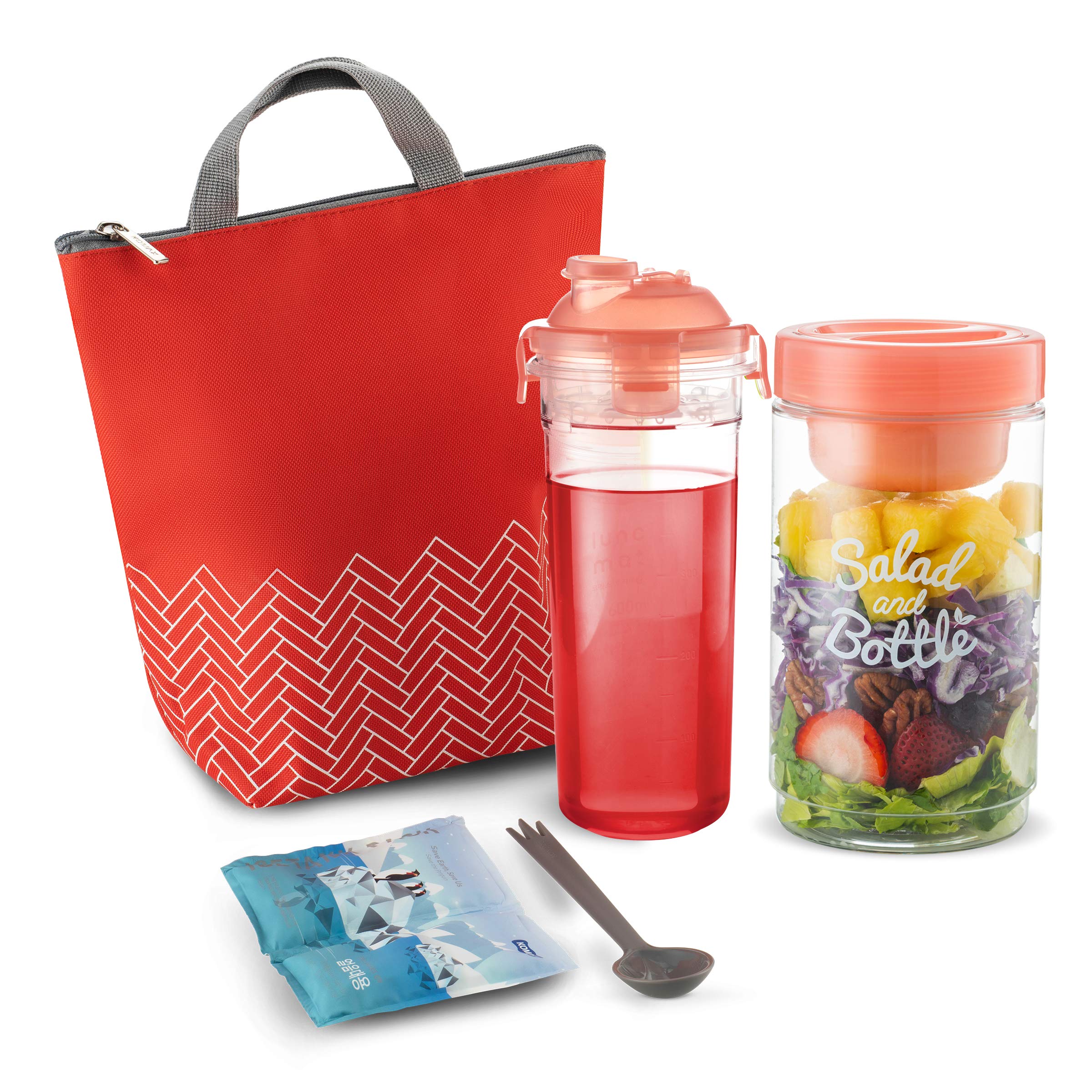 Komax Lunchmate Insulated Lunch Bag Set – Thermal Lunch Box for Women + Salad Container for Lunch + Fruit Infuser Water Bottle + Spoon & Fork + Ice Packs for Lunch Bag (Red)